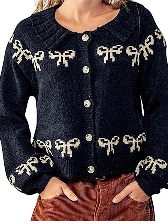 Kimchi Blue Sweaters - Kimchi Blue Marabell Bow Button Down Cardigan in Black with White